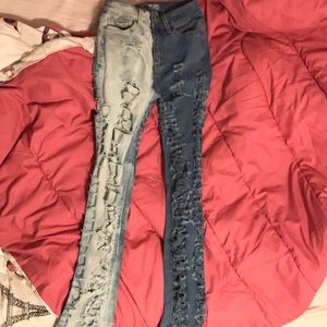 Homemade jeans distressed ripped jeans.